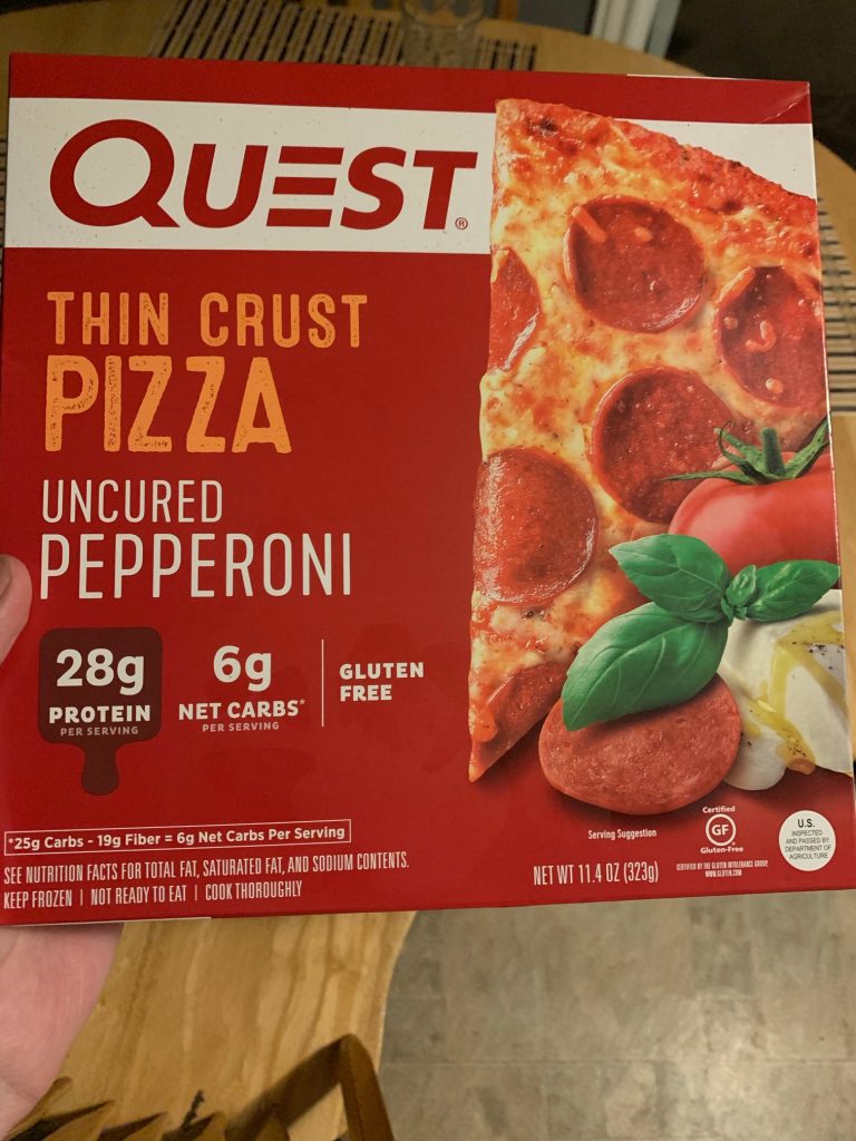 A box of Quest thin crust pizza